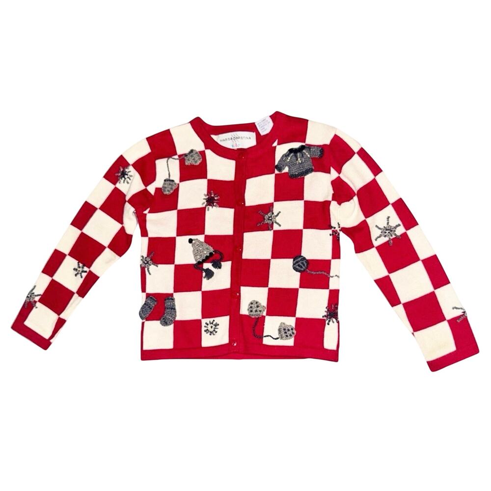 Marisa Christina KIDS Holiday Sweater‎ S-4/5 Red White Checkerboard Gray Crochet